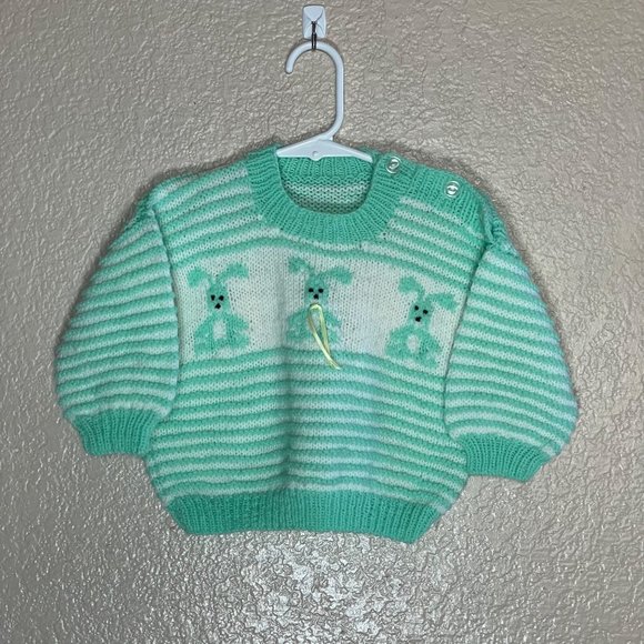 vtg Hand Knitted Baby Sweater Bunny Mint Green White Striped Easter 6-12 months? - Picture 2 of 7